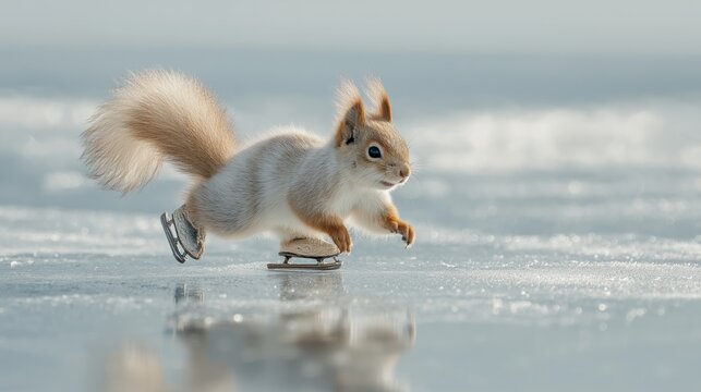 Winter sports concept with a squirrel wearing miniature skates, supporting children&rsquo;s product marketing, holiday campaigns, entertainment branding and playful seasonal promotions, winter sports
