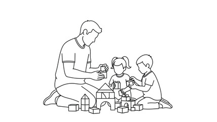 Father and children playing with building blocks a charming scene silhouette