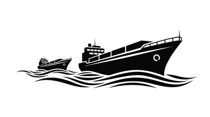 Two cargo ships sailing on wavy water a striking black silhouette