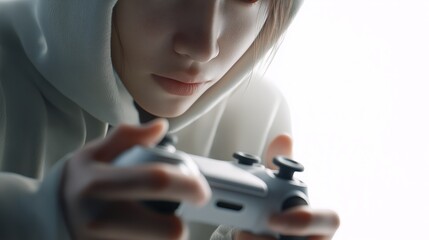 Extreme close portrait of a focused gamer holding a console controller, emphasizing esports, tech lifestyle, and gaming-market relevance. Tight framing enhances commercial utility for digital