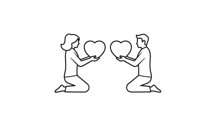 Two people kneeling and offering hearts to each other a minimalist silhouette