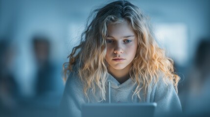 Child education technology, digital learning, remote study represented by European blonde girl focused on tablet screen. Edtech platforms, online schooling, educational software, learning
