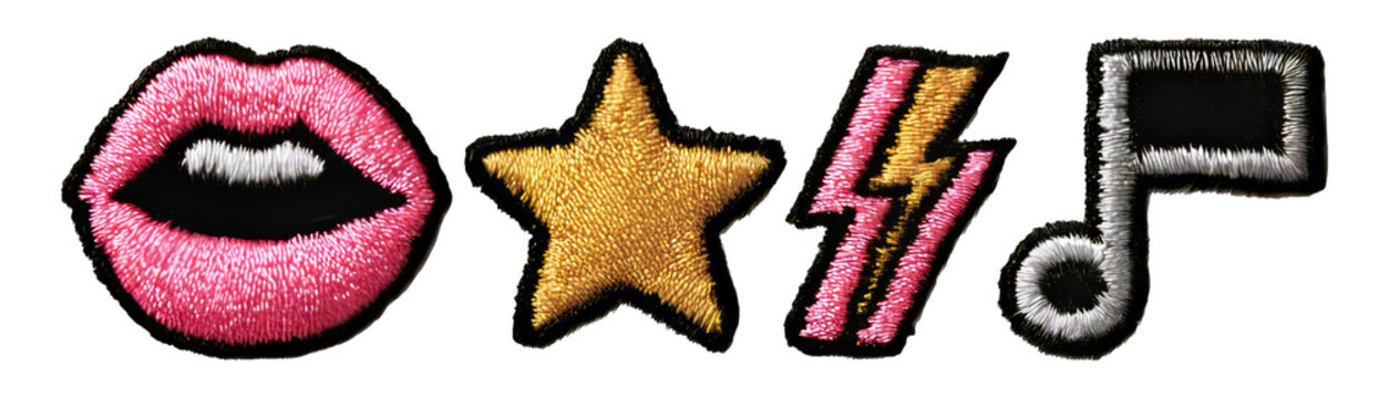 Colorful Embroidery Designs of Lips, Star, Lightning, and Music Note Symbols