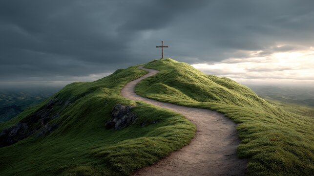 A cross is on top of a hill with a path leading to it. The sky is cloudy and the sun is shining through the clouds
