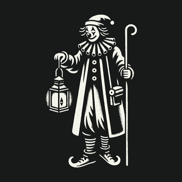 Clown with Lantern and Cane on Black Background.