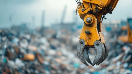 A yellow crane is holding a large claw. The crane is in a pile of trash. The crane is in a dirty, industrial setting