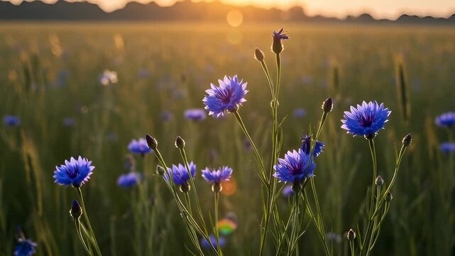 Blue cornflowers blooming in a beautiful summer meadow. Wildflowers are backlit by the warm golden light of a stunning sunset. Serene nature background for relaxation concepts