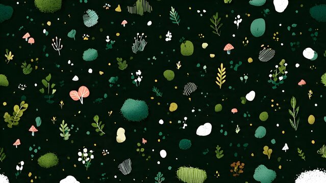 Seamless flat vector pattern featuring a miniature forest ecosystem 