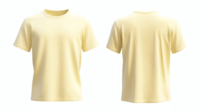 Plain light yellow round neck t-shirt 3D mockup showcasing front and back views for apparel design presentation on white background