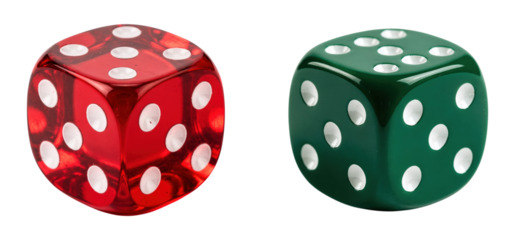 Pair of Shiny Red and Vibrant Green Casino Dice with Single White Pip Up, Glossy Gaming Cubes Isolated on Transparent and White Background