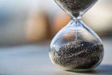 Close up of a classic hourglass filled with dark sand, symbolizing the passage of time and measured moments in a detailed study.
