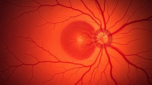 A detailed illustration of a human eyes retina with blood vessels and a bright orange background
