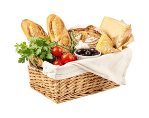 Rustic Wicker Basket Brimming with Golden Baguettes, Artisan Bread Loaf, Creamy Cheese Wedge, Cherry Tomatoes, Black Olives, Garlic & Fresh Herbs on White Linen, Isolated on Transparent Background