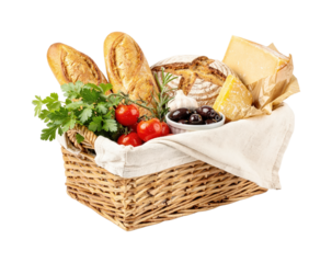 Rustic Wicker Basket Brimming with Golden Baguettes, Artisan Bread Loaf, Creamy Cheese Wedge, Cherry Tomatoes, Black Olives, Garlic & Fresh Herbs on White Linen, Isolated on Transparent Background