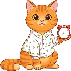 Cute orange tabby cartoon cat in a leafy white shirt holding a red twinbell alarm clock.