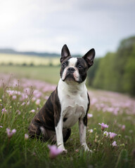 Fototapeta premium Boston terrier dog sitting in meadow, natural outdoor pet portrait in soft light