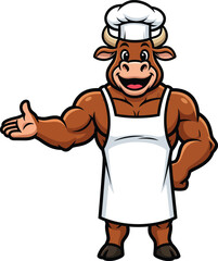 Strong cartoon bull mascot wearing a chefs hat and white apron presenting with a smile.