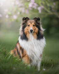 Shetland Sheepdog sitting in grass, attentive outdoor dog portrait