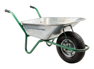 Rustic Vintage Rusty Metal Garden Wheelbarrow with Green Handles Frame & Single Black Tire Wheel, Isolated on Transparent and White Background  