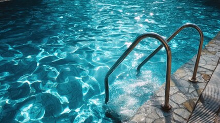 A pool with a ladder and a silver railing. The water is clear and calm. The pool is surrounded by a stone wall