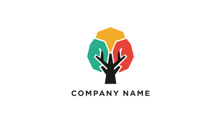 Abstract Tree Logo with Geometric Leaves and Black Trunk.