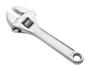 Shiny Chrome Adjustable Crescent Wrench with Open Jaws, Threaded Screw Mechanism, Ergonomic Handle and Eyelet Hole, Professional DIY Tool, Isolated on Transparent and White Background
