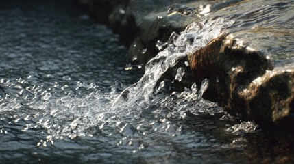 Fototapeta premium A stream of water is flowing down a rocky ledge. The water is clear and calm, and the rocks are jagged and rough. The scene is peaceful and serene, with the water providing a sense of tranquility
