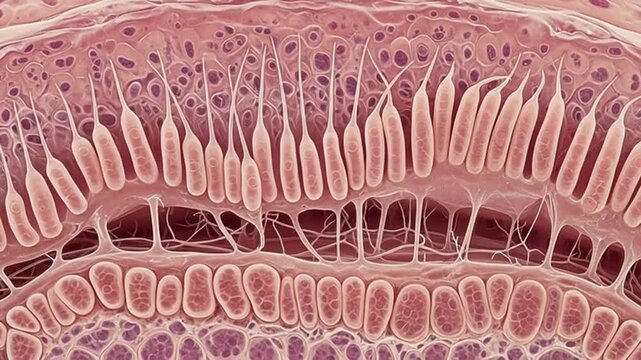 Microscopic view of human tissue with cilia and cellular structures in detail