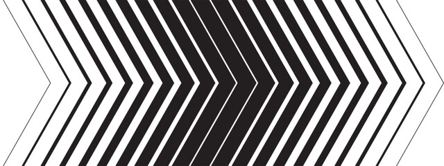 Repeated angle shaped arrows of different thicknesses. Forward, speed, next to or direction background. Abstract striped black and white print. Vector graphic illustration