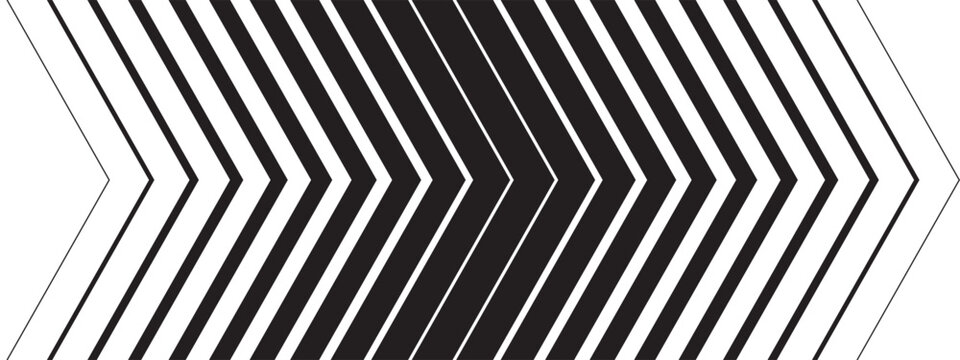 Repeated angle shaped arrows of different thicknesses. Forward, speed, next to or direction background. Abstract striped black and white print. Vector graphic illustration