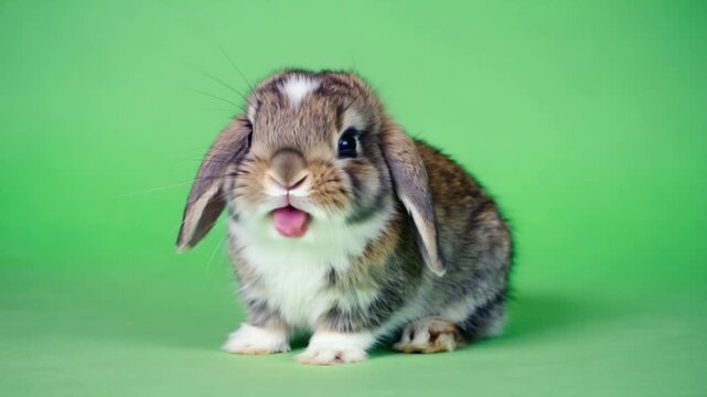 Tiny baby lop-eared rabbit with an open mouth, looking surprised and cute on a solid green background in a studio.