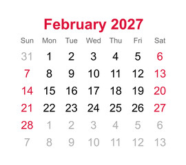 Monthly calendar of February 2027