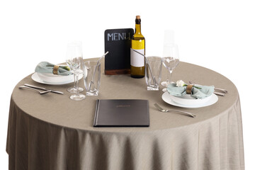 Served restaurant table with menu and wine on white background