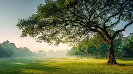 Obraz premium A large tree stands in a grassy field with a clear blue sky above. The scene is peaceful and serene, with the tree providing a sense of calm and tranquility. The grass is lush and green