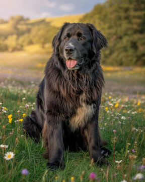 flat-coated retriever sitting in a sunny wildflower meadow panting happily