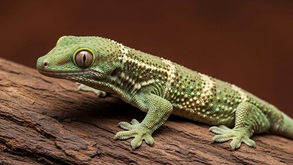 Obraz premium Close-up of a green gecko on a branch with brown background.