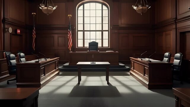 Law and order courtroom drama unfolding in a classic American courthouse interior scene with flags and empty chairs