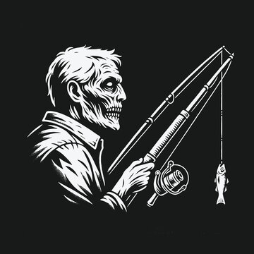 Monochrome graphic illustration of an undead zombie fisherman.