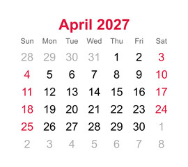 Monthly calendar of April 2027
