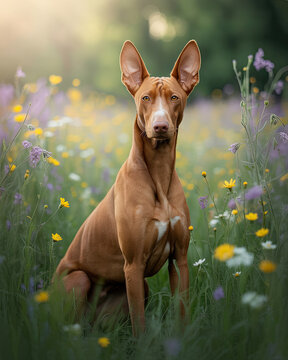 pharaoh hound in a sunny yellow wildflower meadow looking up