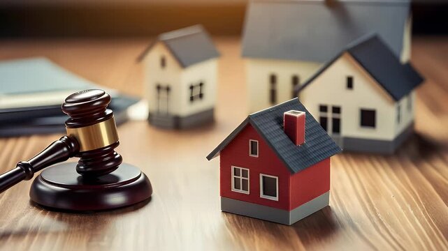 Auction gavel striking near miniature houses signals real estate market changes and investment decisions for property buyers
