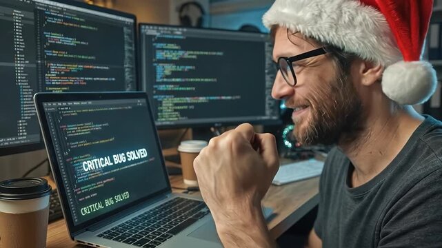 A software developer christma santa hat office night code laptop monitor coffee succes happy coder celebrate critical bug fix by night glowing code laptop and monitor warm coffee cozy office festive