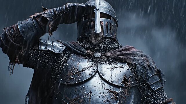 Intense Portrait of Heavily Armored Crusader Warrior with Rusty Sword and Chainmail in Dark Moody Atmosphere 60fps

