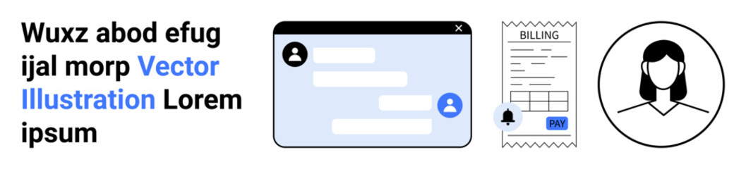 Obraz premium Online communication, digital billing, profile identity, customer support, data exchange, service interaction. Chat interface, billing receipt and user profile icon. Online communication and digital