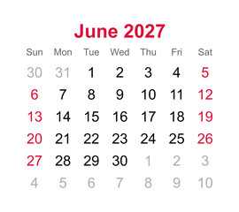 Monthly calendar of June 2027