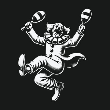 Joyful dancing clown with maracas black and white illustration.