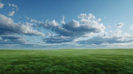 Obraz premium A large, open field with a clear blue sky and a few clouds. The sky is a beautiful shade of blue, and the clouds add a sense of depth and interest to the scene. The field is lush and green