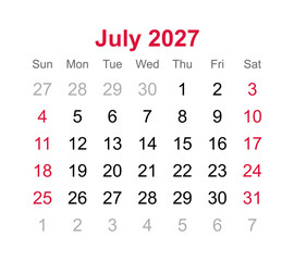 Monthly calendar of July 2027