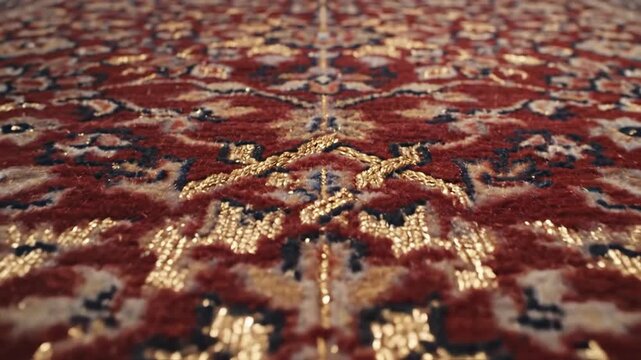Intricate Red and Gold Patterned Carpet with Traditional Design and Rich Texture.