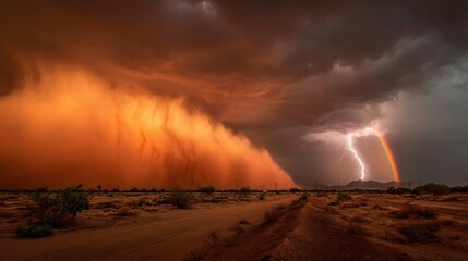 Obraz premium A storm is brewing in the desert, with a rainbow appearing in the sky. The scene is dramatic and intense, with the orange clouds and the lightning bolts creating a sense of awe and wonder